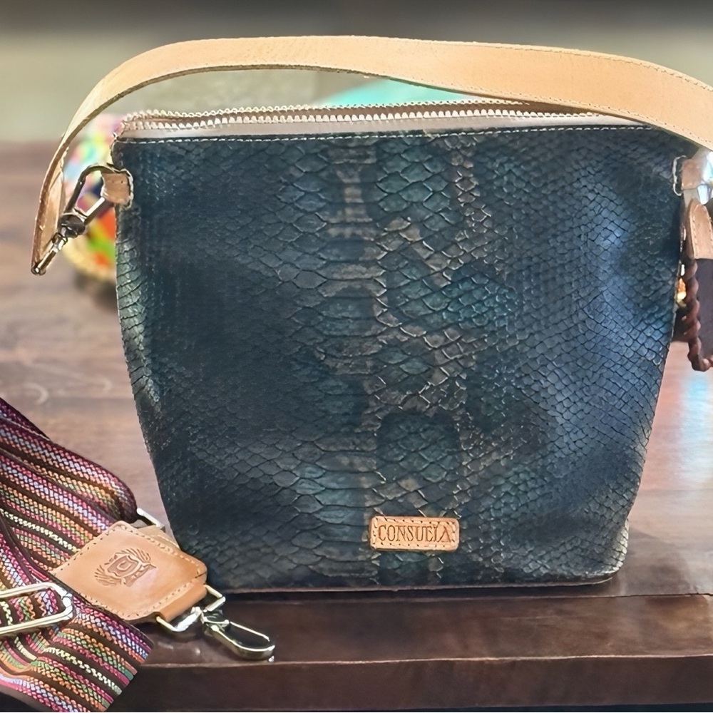 Consuela Boho Snakeskin Black, Teal, and Tan Crossbody Bag